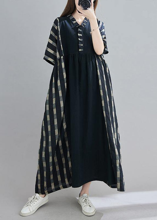 100% V Neck Patchwork Spring Clothes Sleeve Black Plaid Maxi Dress