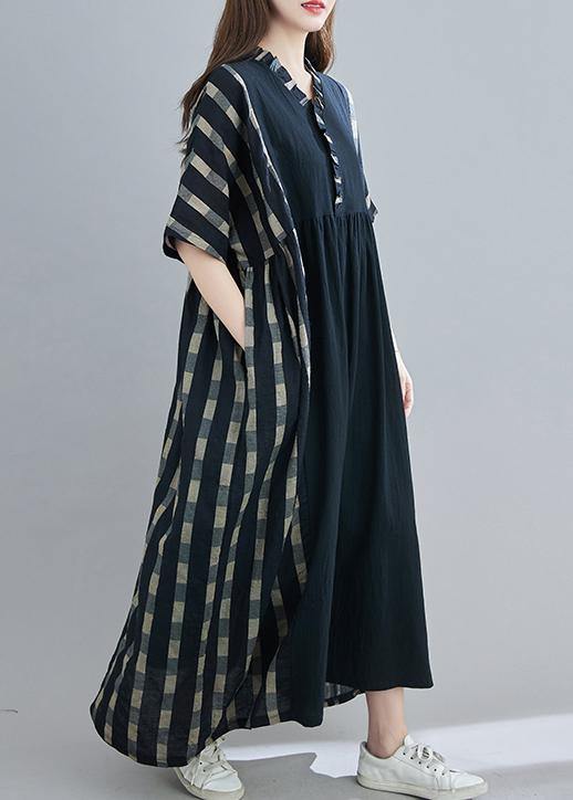 100% V Neck Patchwork Spring Clothes Sleeve Black Plaid Maxi Dress