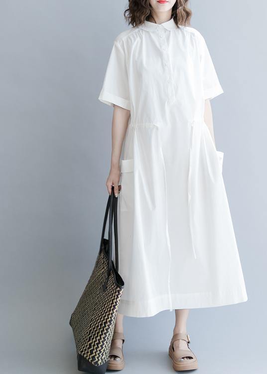 100% White Cotton Tunic Drawstring Long Summer Dress