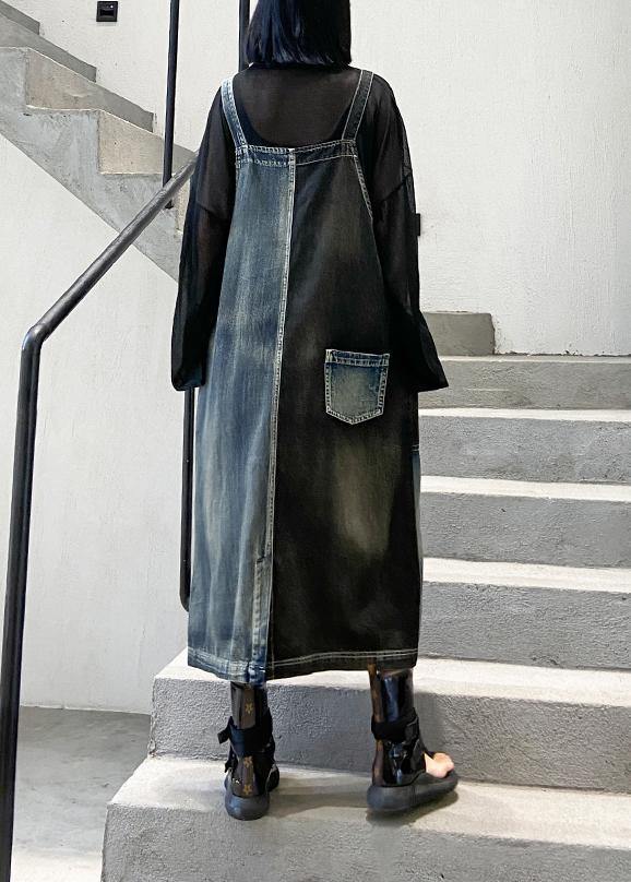 100% Denim Black Cotton Quilting Clothes Sleeveless Pockets Maxi Dresses