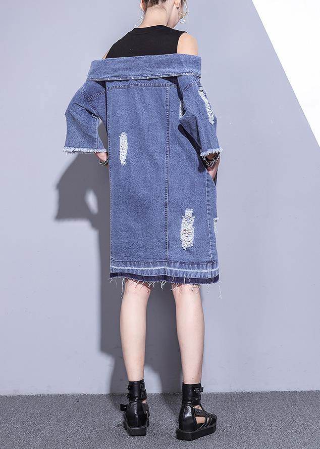 100% Denim Blue Cotton Long Shirts Slash Neck Oversized Summer Dresses
