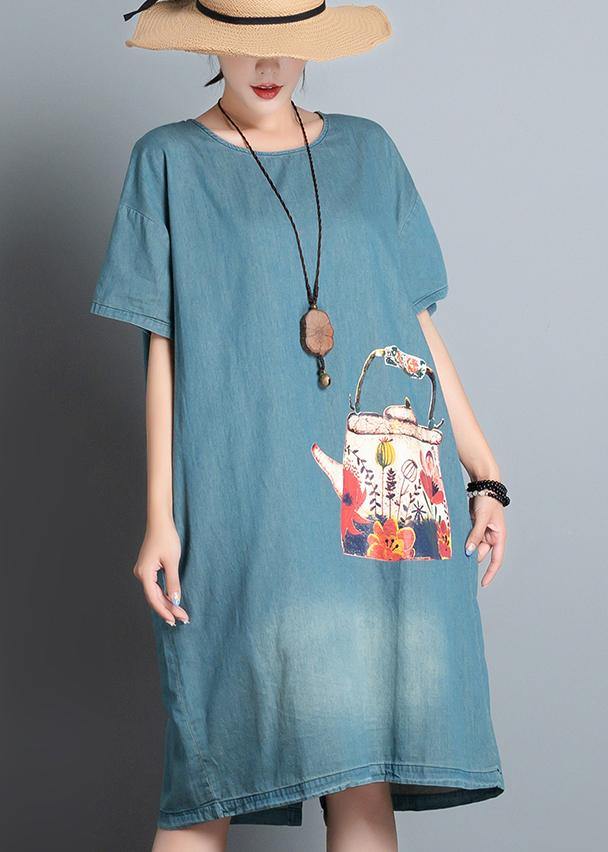 100% Denim Blue Print Dresses O Neck Pockets a Line Summer Dress