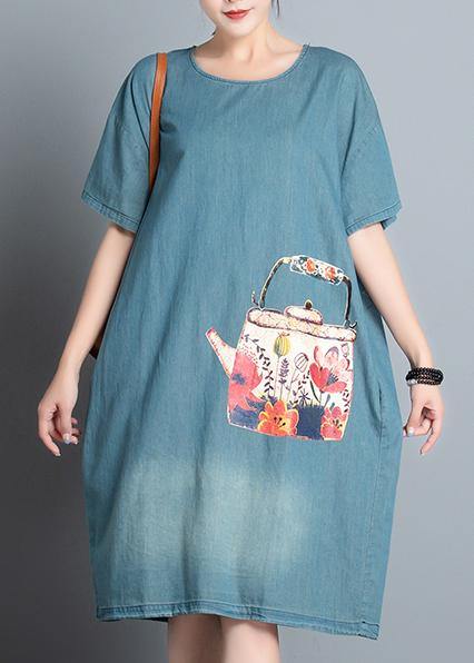 100% Denim Blue Print Dresses O Neck Pockets a Line Summer Dress