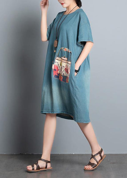 100% Denim Blue Print Dresses O Neck Pockets a Line Summer Dress