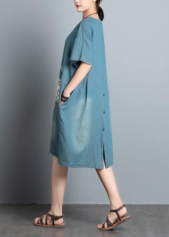 100% Denim Blue Print Dresses O Neck Pockets a Line Summer Dress