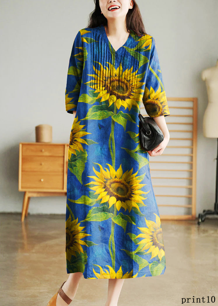 Grey Print6 Loose Linen Long Dresses Button Half Sleeve