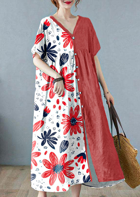 Grey Retro Button Summer Print Half Sleeve Maxi Dress