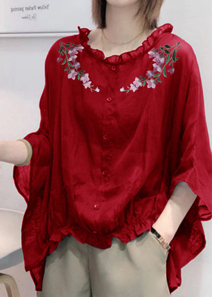 Art Navy Tops Ruffles Trim Half Sleeve Shirts Blouse