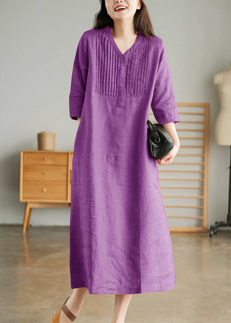 Yellow Loose Linen Long Dresses Button Half Sleeve