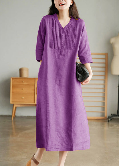 Grey Print7 Loose Linen Long Dresses Button Half Sleeve