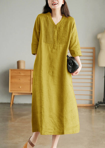 Grey Print6 Loose Linen Long Dresses Button Half Sleeve