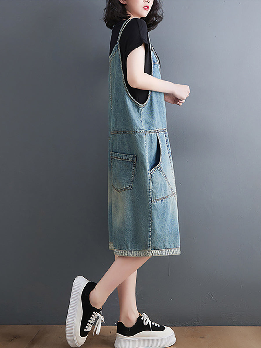 Washed Pocket V-neck Denim Jumpsuits