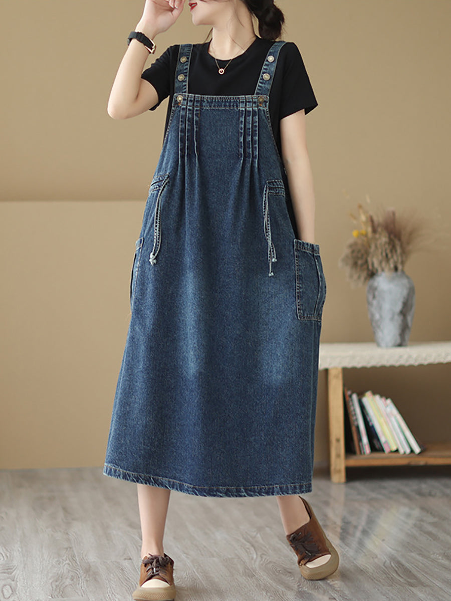Summer Retro Pleat Drawstring Pocket Denim Dress