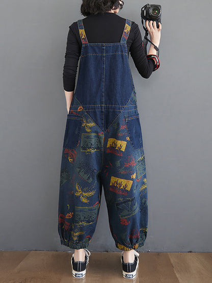 Retro Print Pocket Loose Spliced Denim Jumpsuits