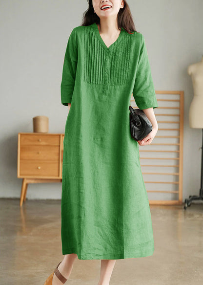 Yellow Loose Linen Long Dresses Button Half Sleeve