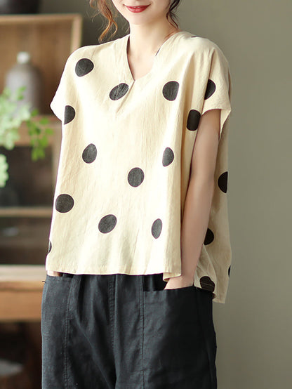 Commute Dot Loose V-neck Cotton Linen Shirt