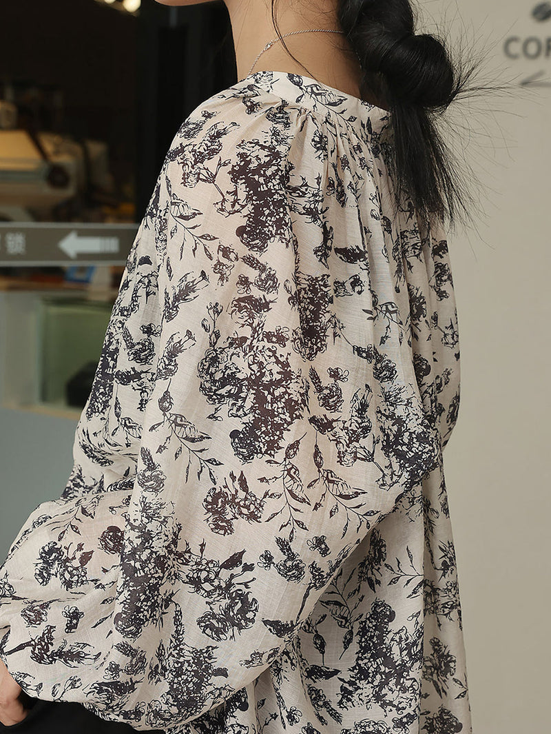 Artsy Drawstring Ornate Button Leaf Print Shirt