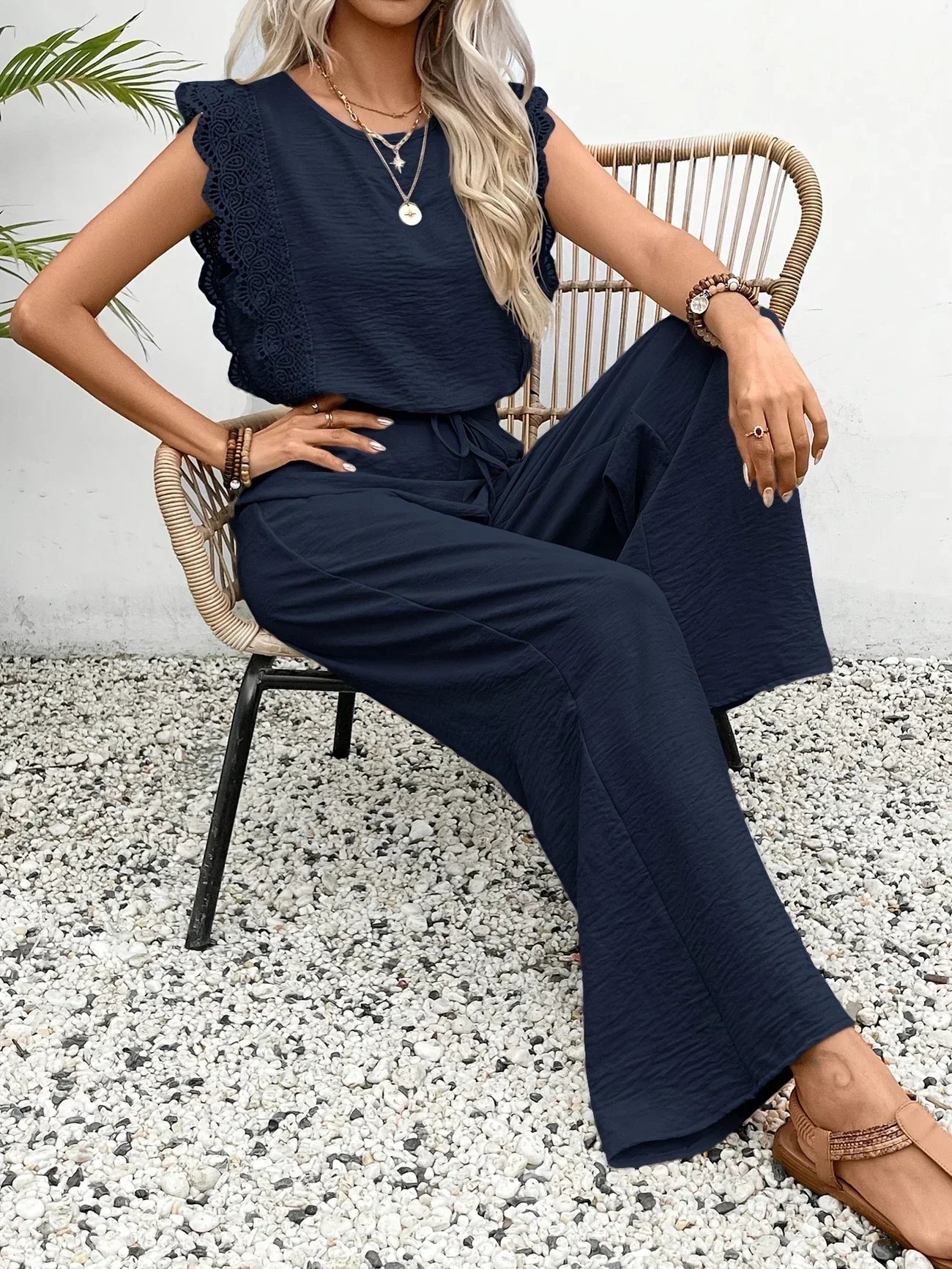 CD | Top elegant din dantelă și pantaloni cu picior lat