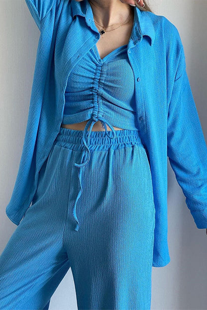CD | Casual Solid Draw String Fold Turndown Collar maneca lunga trei piese (cămașă Vest pantaloni)