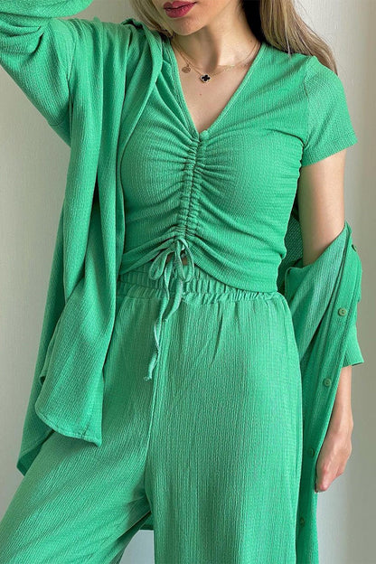 CD | Casual Solid Draw String Fold Turndown Collar maneca lunga trei piese (cămașă Vest pantaloni)