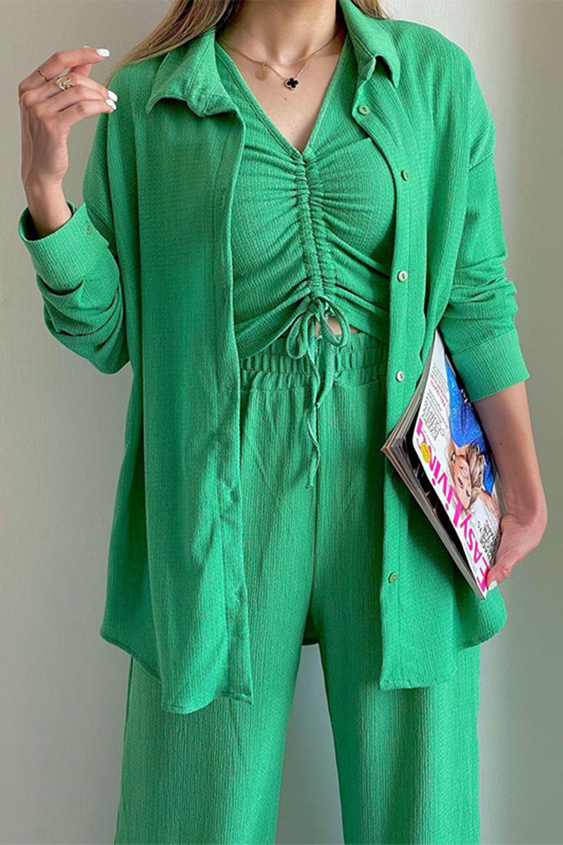CD | Casual Solid Draw String Fold Turndown Collar maneca lunga trei piese (cămașă Vest pantaloni)