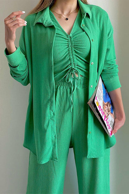 CD | Casual Solid Draw String Fold Turndown Collar maneca lunga trei piese (cămașă Vest pantaloni)