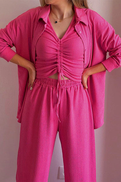CD | Casual Solid Draw String Fold Turndown Collar maneca lunga trei piese (cămașă Vest pantaloni)