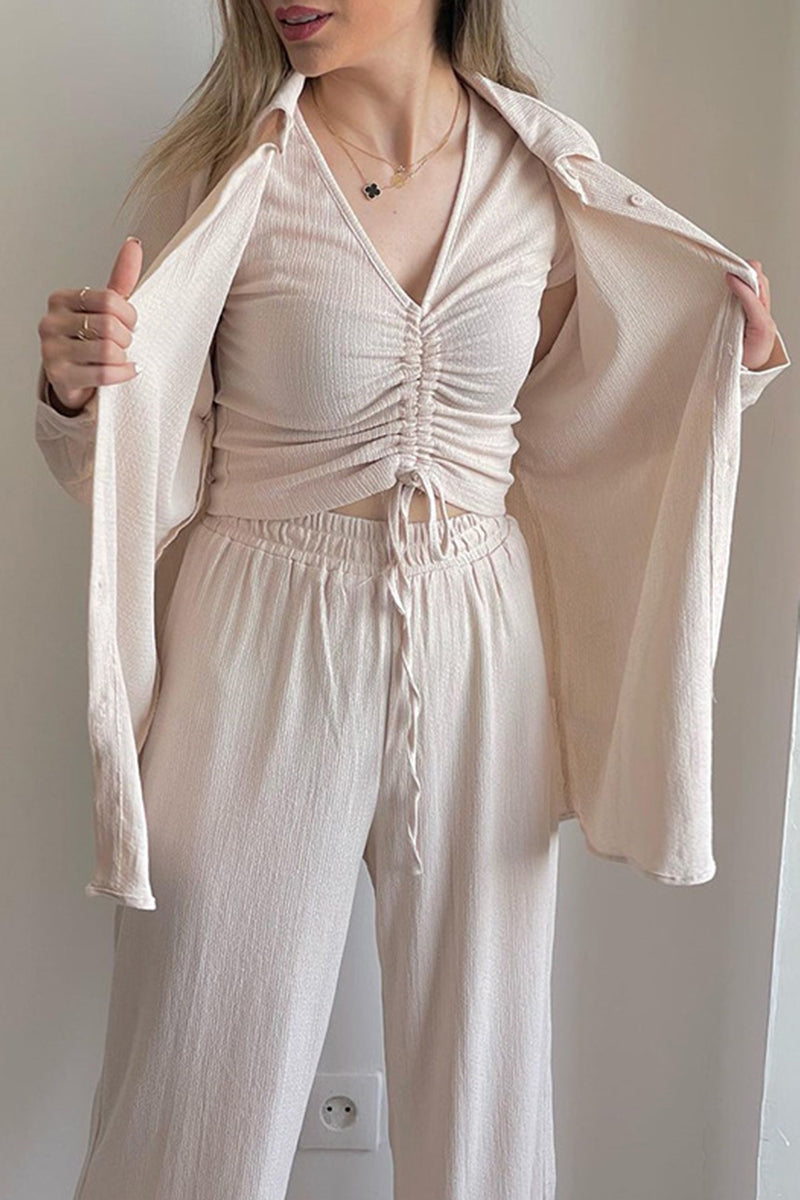 CD | Casual Solid Draw String Fold Turndown Collar maneca lunga trei piese (cămașă Vest pantaloni)