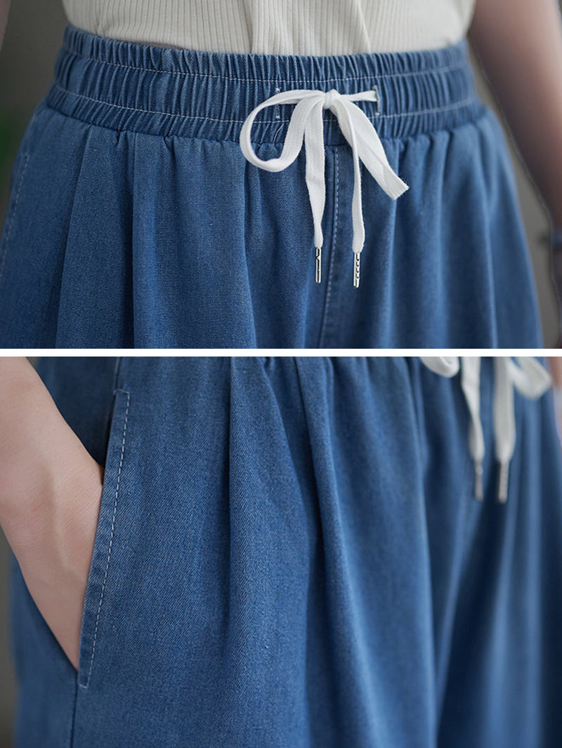 Summer Thin Drawstring Wide-leg Denim Pants