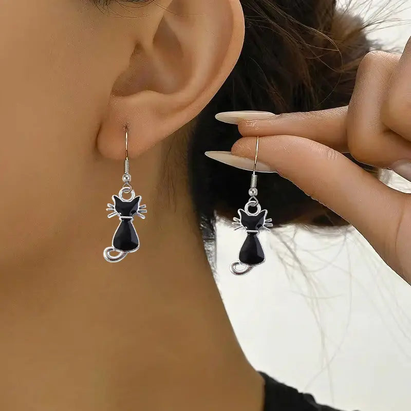 Black Kitty Silver Earrings