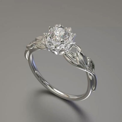 White Crystal Rose Silver Ring