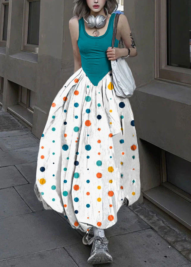 New White Polka Dots Backless Patchwork Cotton Long Dresses Sleeveless