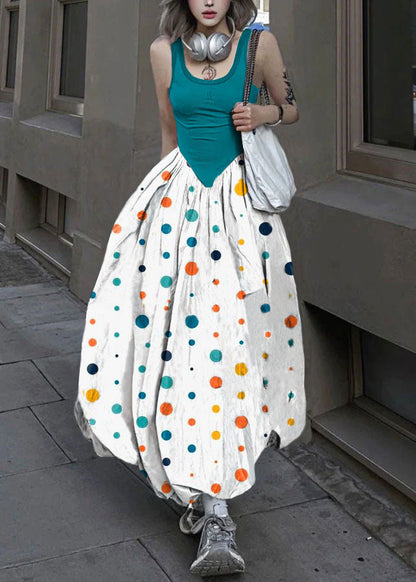 New White Polka Dots Backless Patchwork Cotton Long Dresses Sleeveless