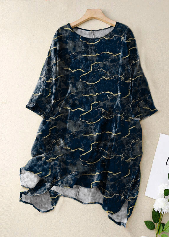 Blue Geometry O Neck Print Patchwork Linen Mid Dress Bracelet Sleeve