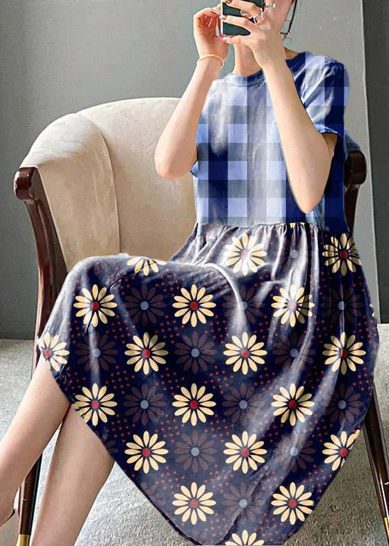 Brief Black Flower O-neck Patchwork Cotton Blend Dress Short Sleeve
