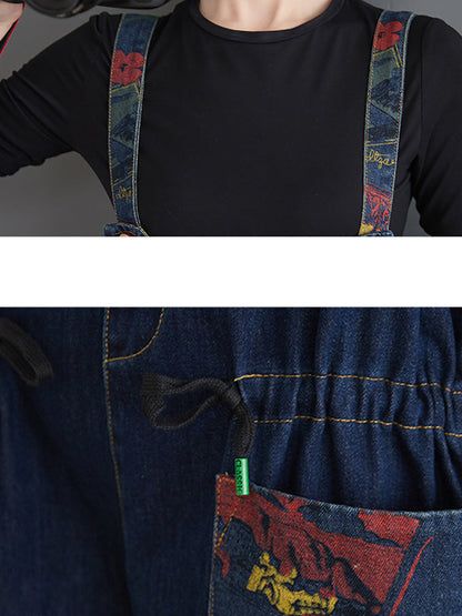 Retro Print Pocket Loose Spliced Denim Jumpsuits