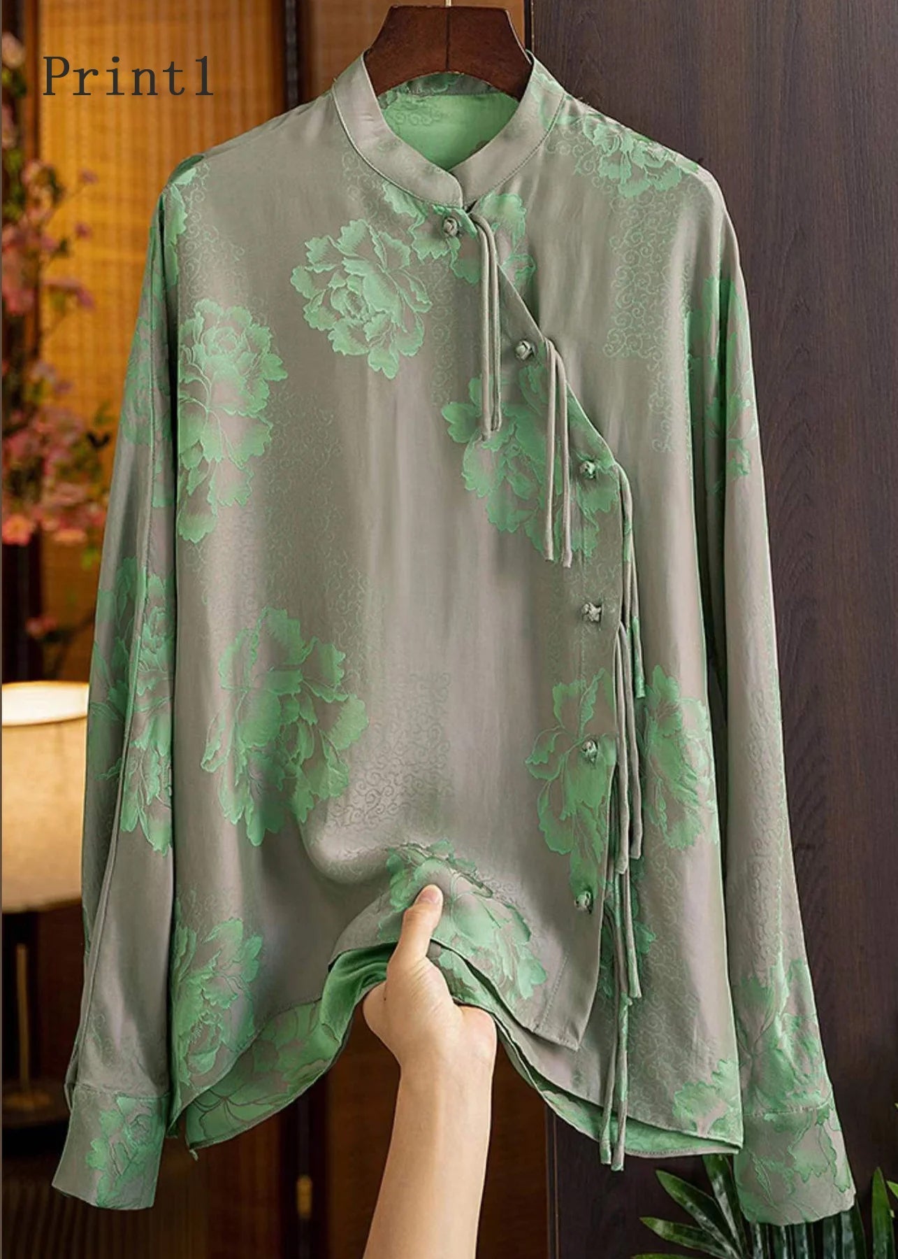 Green Mandarin Collar Button Print Silk Shirt Top Spring