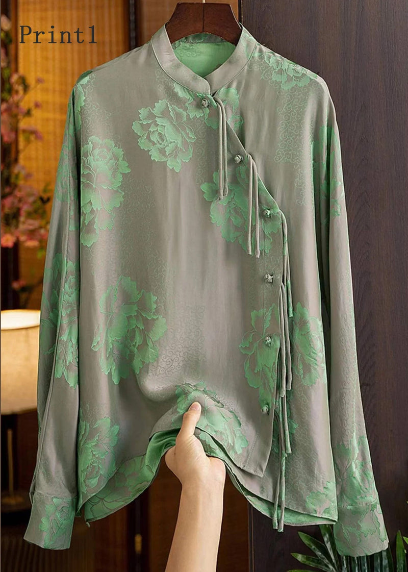 Green Mandarin Collar Button Print Silk Shirt Top Spring