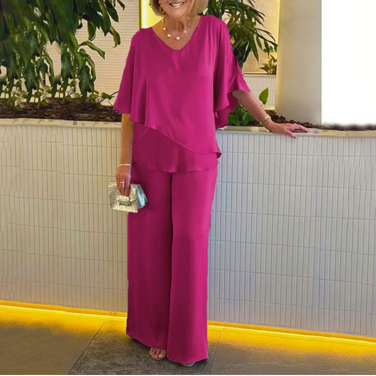 CD | Set elegant de bluză cu mâneci batwing și pantaloni largi pentru femei