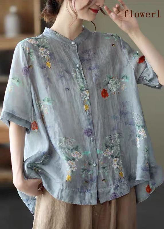 Colorful Hearts Stand Collar Print Tops Half Sleeve