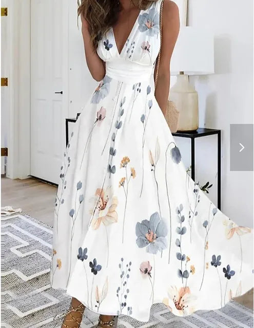 CD | Rochie maxi florală fără mâneci cu decolteu în V