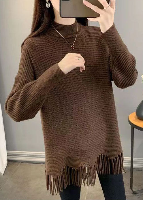 Art Chocolate Tasseled Asymmetrical Design Loose Fall Knit Dress