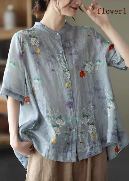 Blue Stand Collar Print Tops Half Sleeve