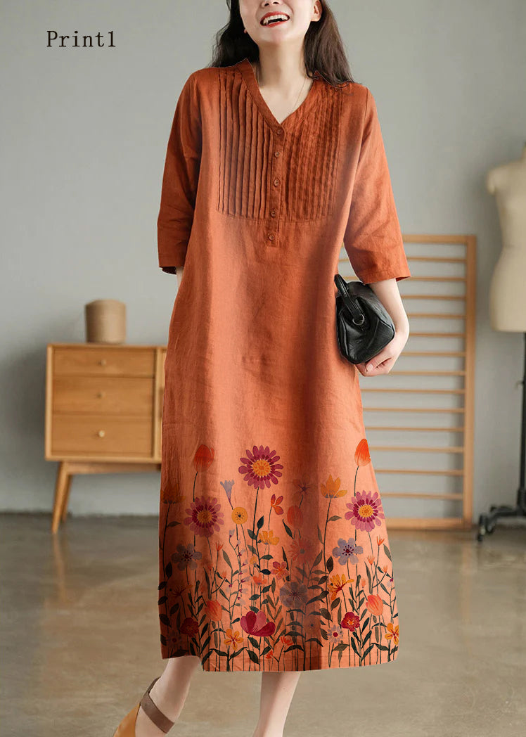 Light Green Loose Linen Long Dresses Button Half Sleeve