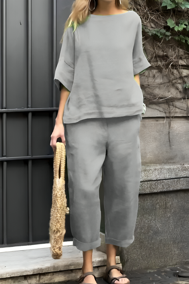 CD | Set casual pentru femei din bumbac și in cu bluză și pantaloni