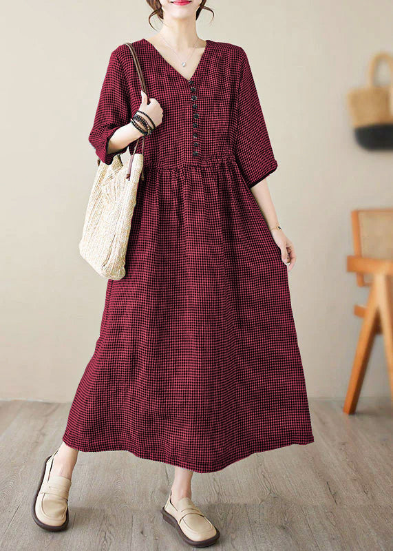 Dark Blue V Neck Plaid Patchwork Button Linen Maxi Dresses Summer