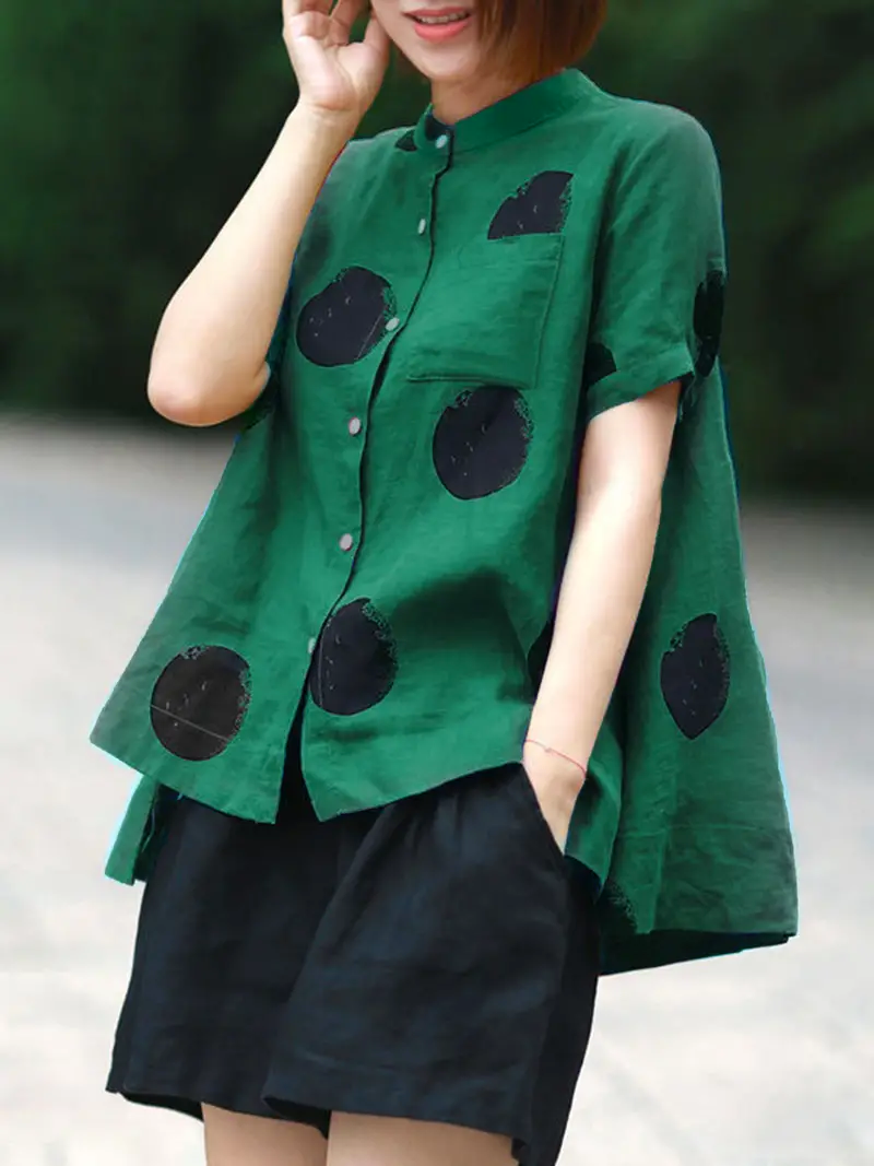 Red Dot Print Patchwork Linen Top Button Stand Collar Summer