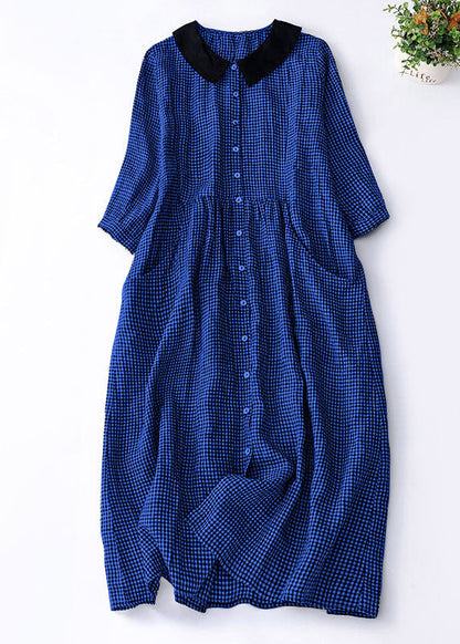 Organic Brown Plaid Peter Pan Collar Patchwork Linen Dresses Summer