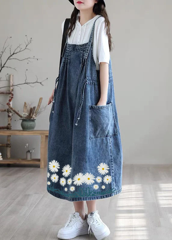 Blue-lace Drawstring Pocket Spaghetti Strap Cotton Denim Dress Spring