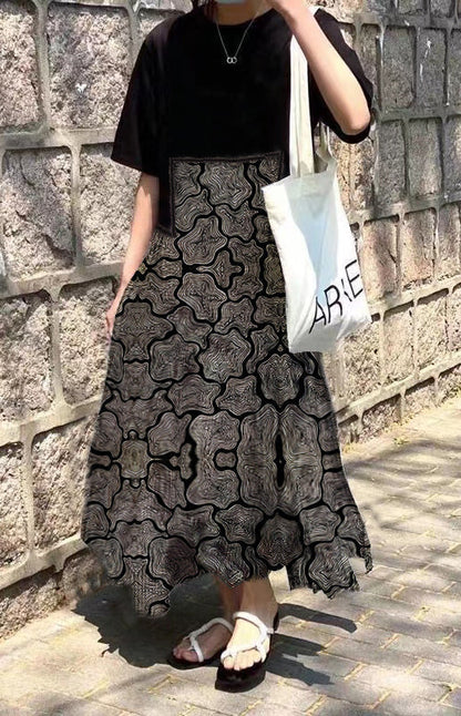 Green Print O-neck Asymmetrical Plaid Mosaic Dress